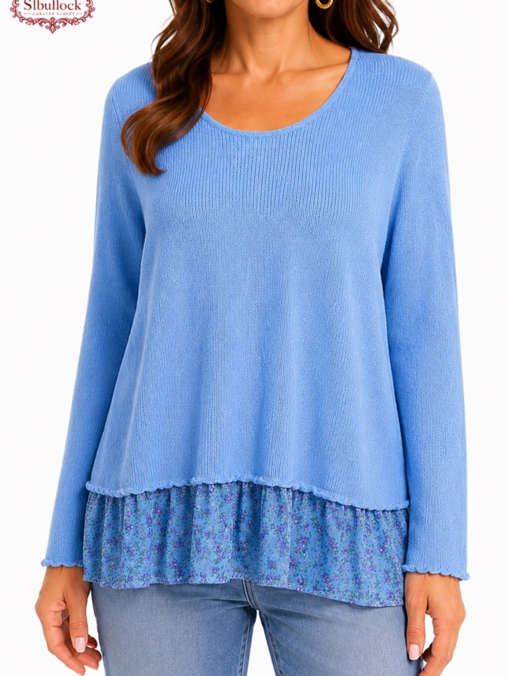 I8 Made in Italy QD Layered Knit Sweater Large Blue Mohair Blend Floral Hem Top